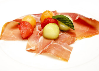 Prosciutto and Melon Balls on White Plate