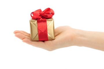 Hand holds present box on a white background