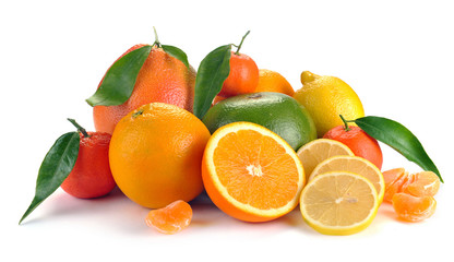 set of citrus fruit with leaves