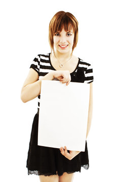Teenage girl holding blank sign ower white background