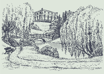 Vector landscape. Palace park with a bench near river