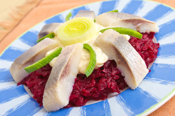 Traditional herring salad with beetroots