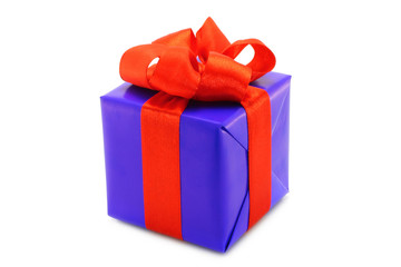 Blue present box with red bow on a white background