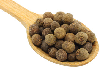 Seeds of allspice in wooden spoon on white background