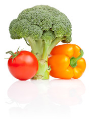 Set of Fresh vegetables: Broccoli, tomato and Yellow Bell Pepper