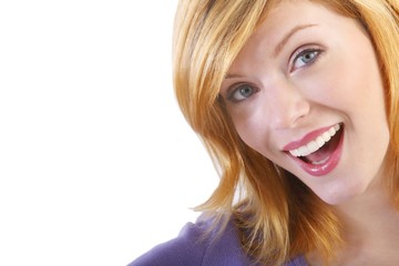 Happy young beautiful woman (white background)