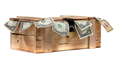 wooden case with dollar notes with padlock