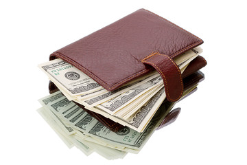 Wallet with dollars on white