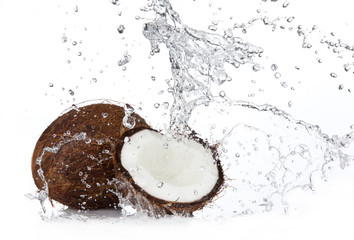 Fresh coconuts in water splash, isolated on white background