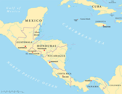 Central America political map with capitals, national borders, rivers and lakes. Illustration with English labeling and scaling. Vector.