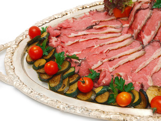roast beef on silver platter