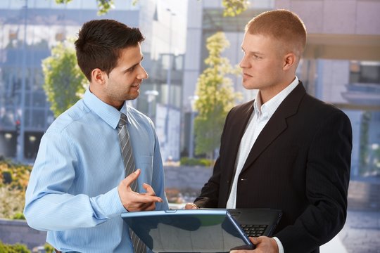 Businessman explaining colleague computer work