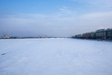Frozen River Neva in Saint Petersburg, Russia, Europe