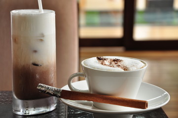Ice chocolate and hot cappuccino