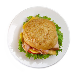 Appetizing sandwich on the plate, white background