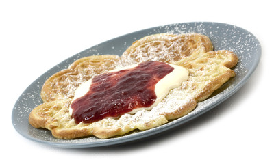 Waffles with sourcream, jam and sugar