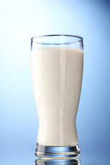 glass of milk on blue background