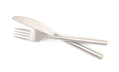 Silver fork and knife isolated on white