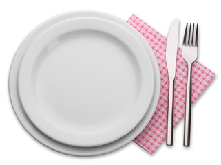 White empty plate with fork and knife isolated on white