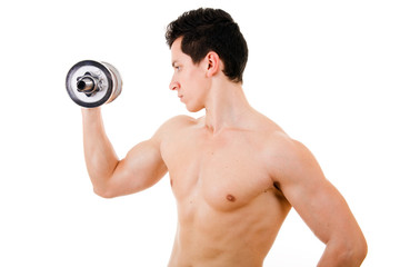 Fototapeta na wymiar Man lifting weight against a white background