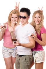 Two joyful blonde woman and young man