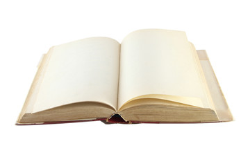 Old blank book opened side view on white background.