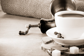 cup of coffee, pot and beans