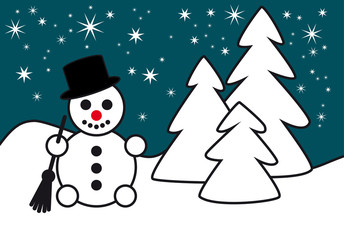 Schneemann Winterlandschaft Linienzeichnung