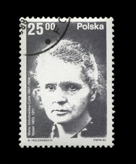 phisicist Marie Sklodowska-Curie,radioactivity radioactivity observer, science explorer, radium founder, postal stamp of Poland isolated on black background.