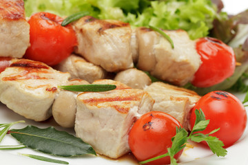Gegrillte Fleischspieße mit Blattsalaten