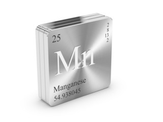 Manganese - element of the periodic table on metal steel block