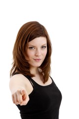 young woman pointing (white background)