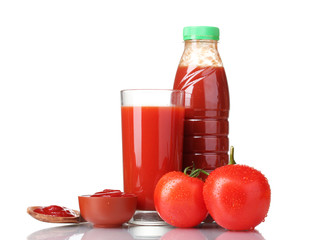 Tomato juice in glass, bottle and tomato isolated on white