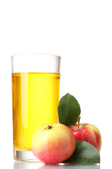 Delicious apple juice in glass and apples isolated on white