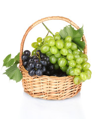 Ripe red grapes in basket isolated on white
