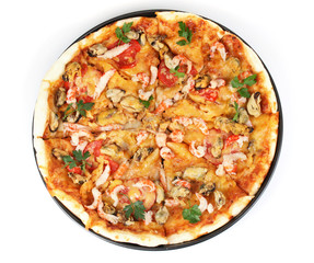 Delicious pizza with seafood on plate isolated on white