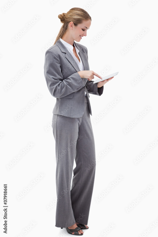 Poster side view of bank employee using tablet