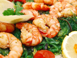 prawns on wakame salad