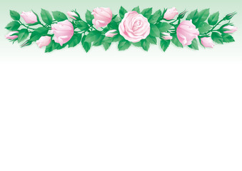 Vector Border of  many pink roses and green leaves