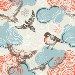 Birds and clouds seamless pattern