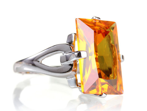 Beautiful Ring With Yellow Gem Isolated On White