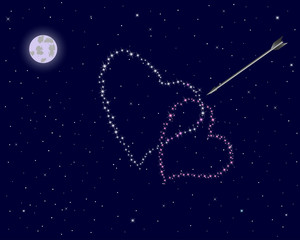 Plakat Valentine's day. The night sky with two hearts.