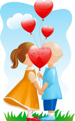 Kiss. Vector of boy and girl with balloons-hearts