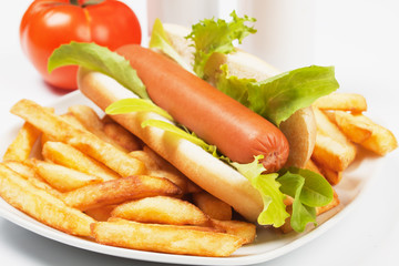 Hot dog with lettuce and french fries