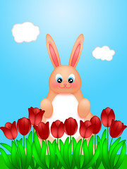 Happy Easter Bunny Rabbit on Field of Tulips Flowers