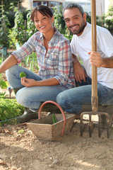 couple working in a kitchen garden