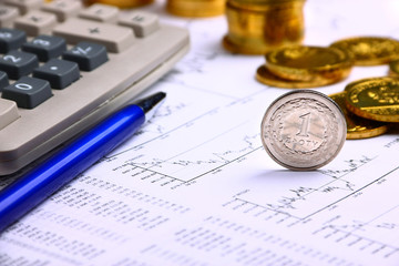 Money coins, calculator on the businness stock charts