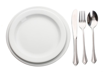 White empty plate with fork, spoon and knife isolated on white