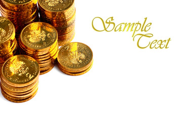 Golden money coins isolated on white background