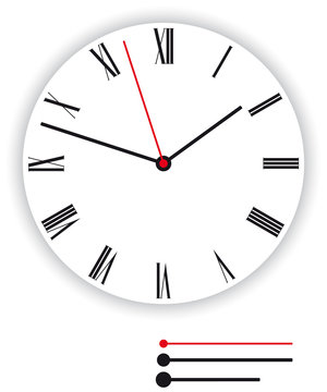 Clock face classic. Illustration of a classic clock face, dial, as part of an analog clock, watch, with black and red pointers. Isolated on white background. Vector.